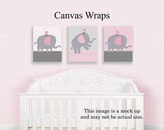 Set of 3  Unframed "Elephants in Pink and Gray" Nursery Wall Art Prints or Canvas Wraps Baby Girl Children Kids Decor