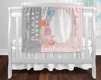 Personalized "Girly Ocean/Pink Sea Life/Octopus/Seahorse/Crab" Soft Plush Baby Blanket for Nursery