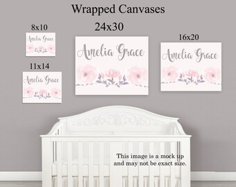 Personalized "Watercolor Pink & Gray Roses" Unframed Nursery Art Print or Wrapped Canvas Sign/Wall Art Nursery Baby Kid's Room