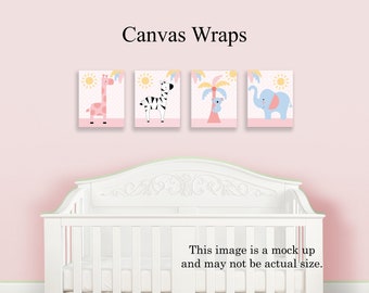 Set of 4 "Girl Pink Jungle, Elephant, Zebra, Giraffe, Koala" Nursery Wall Art Prints or Canvas Wraps Baby Room Art