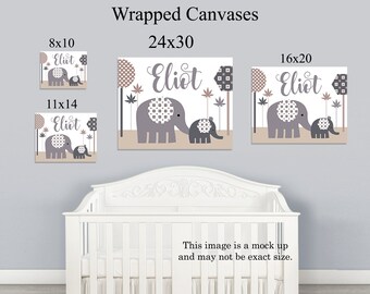 Personalized "Gray and Tan Geometric Elephants" Unframed Nursery Art Print or Canvas Wrap Door Sign  Nursery Decor