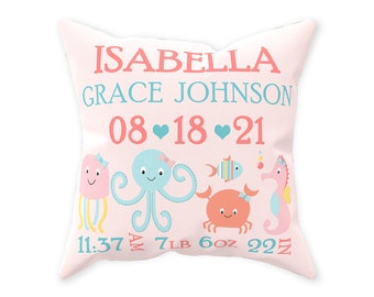 Personalized Birth Stats "Girly Sea Life Ocean Pink, Octopus, Fish, Seahorse" Keepsake Pillow for Baby Girl Nursery