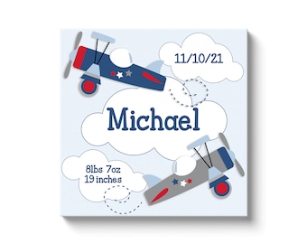Personalized "Flying Airplanes in the Clouds" Gallery Wrapped Canvas Birth Stats Keepsake Nursery Art For Over Crib Assorted Sizes