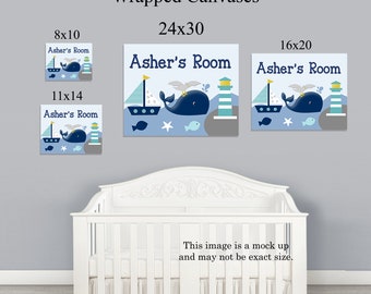 Personalized "Nautical, Whale, Sailboat, Lighthouse, Ocean Life" Unframed Nursery Art Print or Canvas Wrap Door Sign  Nursery Decor