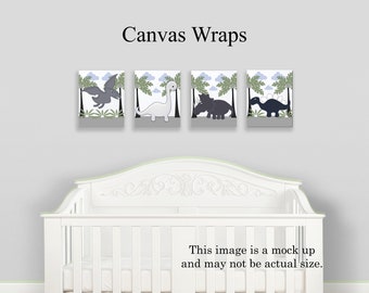 Set of 4  "Gray Dinosaurs with Blue and Greens" Nursery Wall Art Prints or Gallery Wrapped Stretched Canvas Baby Boy Gift