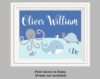 Personalized "Ocean Life Blue & Gray Whale Octopus Fish Turtle"  Unframed Nursery Art Print or Wrapped Canvas Nursery Decor