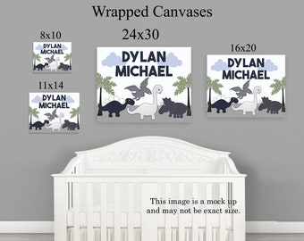 Personalized "Gray Dinosaurs with Blue and Greens" Unframed Nursery Art Print or Canvas Wrap Door Sign Nursery Wall Art Baby Boy Kids Decor
