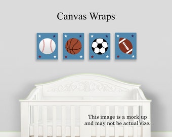 Set of 4 "Sports Balls- Soccer/Basketball/Baseball/Football" Nursery Wall Art Prints or Canvas Wraps Baby Toddler Kid Boy Room Art