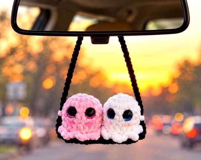 Crochet Car Charm, Chenille Ghost Couple on Swing | Rearview Mirror Decor
