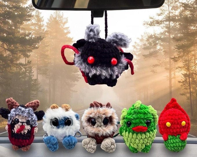 Car Mirror Hanger, Crochet Baby Cryptid Charm | Rearview Decor