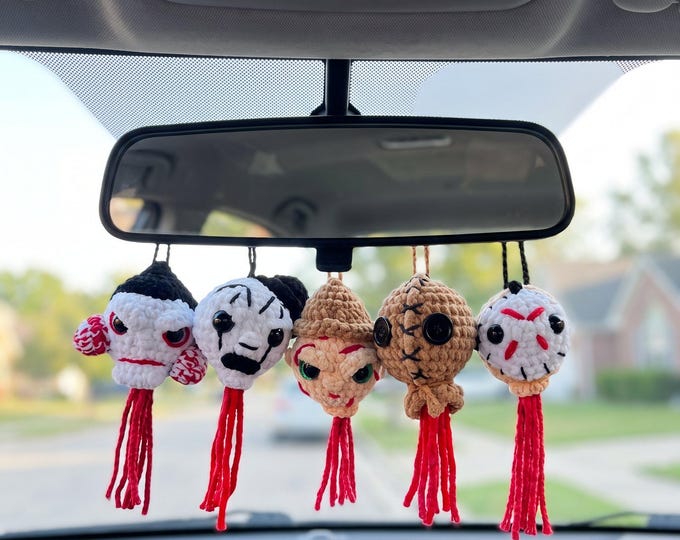 Crochet Car Swing, Slasher Icon Head in Chenille | Rearview Hanger