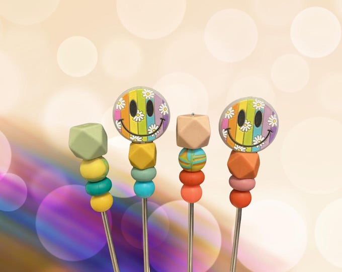 Pair of 10" Rainbow Smiley Face Sewing Sticks: Crochet Plushie Aids | Crochet Plushie Knitting Needles | 90s Throwback Retro Plushie Poker
