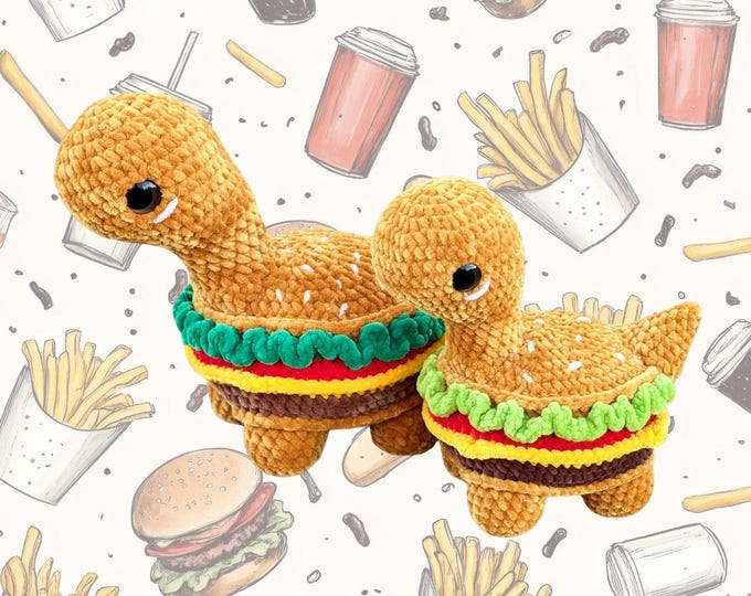 Handmade Crochet Burgersaurus Plushie - Amigurumi Dinosaur Burger Toy | Big or Mini Sized