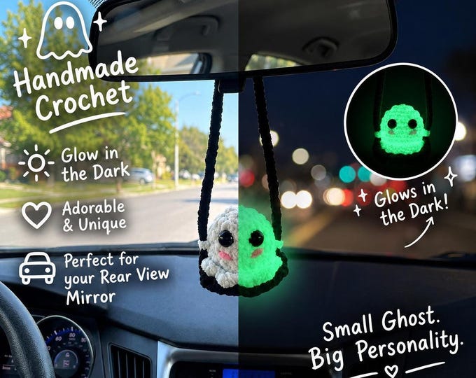 Ghost Car Charm, Glow-In-The-Dark Crochet Rearview Mirror Decor
