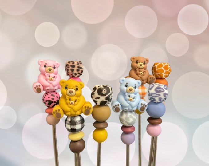 Pair of 8" Kawaii Teddy Bear Amigurumi Sticks: Crochet Plushie Aids, Knitting Needles