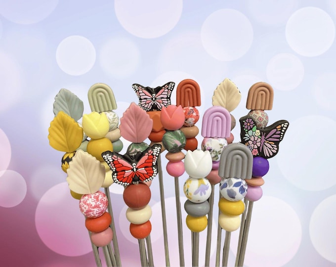 Pair of 6" Springtime Butterfly, Rainbow, Tulip, and Leaf Amigurumi Sticks: Crochet Plushie Aids, Knitting Needles
