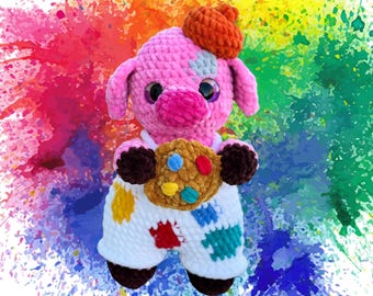 Cerdo de peluche de ganchillo Pig-asso / Cerdo artista hecho a mano con paleta
