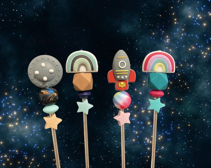 Pair of 10" Space Travel Series Amigurumi Sewing Sticks: Crochet Plushie Knitting Aids, Outer Space Theme