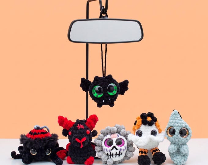 Halloween Car Charm, Crochet Chenille Rearview Mirror Decor | Keychain Option