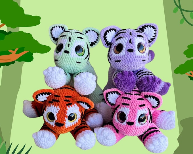 Techno the Crochet Kawaii Tiger | Large 24” Plushie | Handmade Amigurumi Cuddly Tiger Stuffed Animal