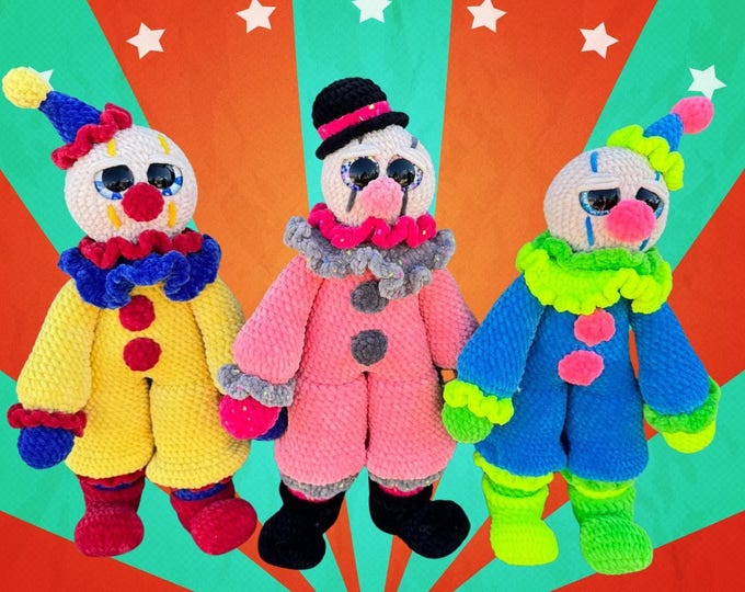 Crochet Clown Plush, 20-Inch Chenille Yarn Amigurumi Doll | Colorful Circus Plushie