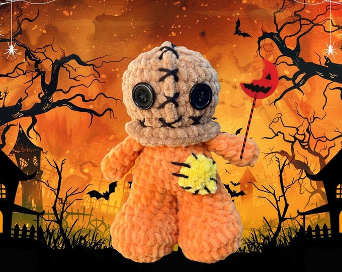 Crochet Pumpkin Kid Monster Character Plush, Spooky Trick or Treat Doll, Burlap Kid Plushie