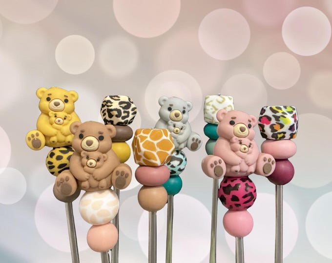 Pair of 6" Kawaii Teddy Bear Amigurumi Sticks: Crochet Plushie Aids, Knitting Needles