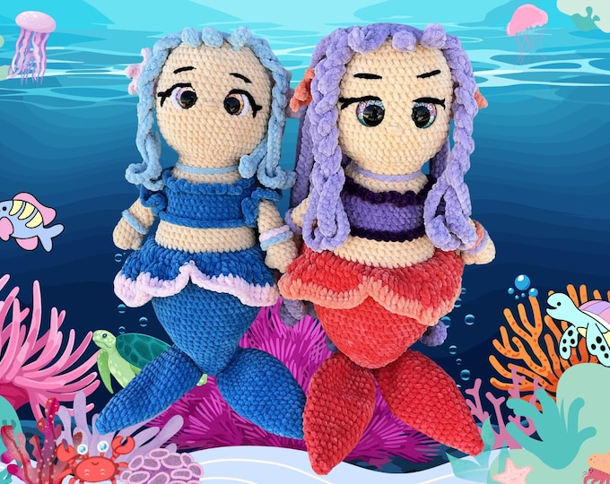Handmade Crochet Mermaid Plushie: Chenille Yarn, Glitter Eyes, Nursery Decor