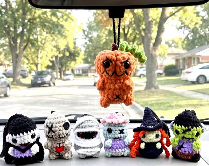 Halloween Car Charm, Chenille Crochet Pumpkin Monster Rearview Mirror Decor