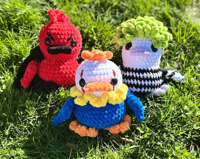 Halloween Crochet Duck Plushies: Beetlejuice, Vampire, Clown Handmade Amigurumi