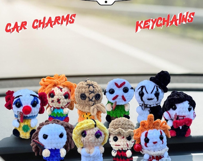 Horror Car Charm, Crochet Slasher Plushie in Chenille Yarn | Rearview Mirror Hanger or Keychain