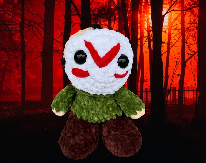 Handmade Crochet Hockey Mask Horror Doll | Spooky Chenille Plushie | Halloween Horror Collectible | Creepy Cute Slasher Doll