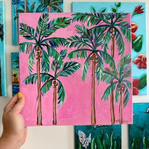 Pink Palm Trees Sway // Art print of original acrylic painting of colorful palm trees at the beach for coastal nursery or beach house decor