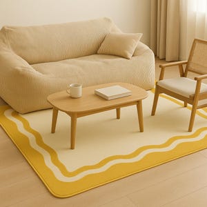 Hand Tufted Wool Rug: Mustard Yellow & Lavender Wavy Border