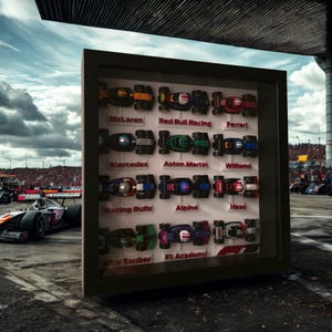 Puede incluir: Una vitrina enmarcada con coches de carreras de Fórmula 1 en miniatura, que muestra varios equipos como McLaren, Red Bull Racing y Ferrari. Los coches son de colores brillantes y detallados, sobre un fondo de circuito y cielo nublado.