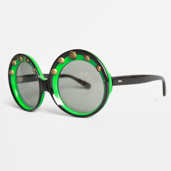 60s Round Green & Black SUNGLASSES / 1960s MOD Oversized Studded Sunnies