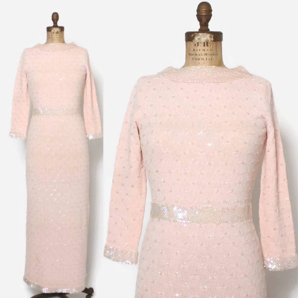 Vintage 60s Knit Dress / 1960s Pastel Pink Wool Sweater Knit SEQUIN Trim Evening Dress S - M