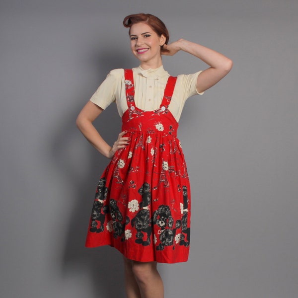 50s POODLES Novelty Print PINAFORE / SUSPENDER Straps, Eiffel Towers Dress, xs