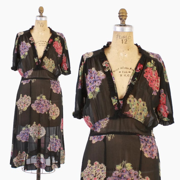 Vintage 30s Floral DRESS / 1930s Sheer Black Floral Silk Chiffon Ruffled Dress M