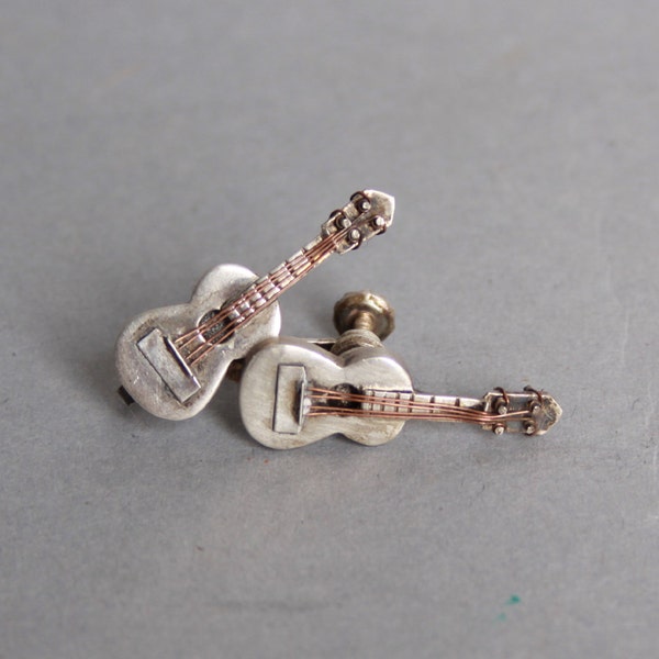 50s Sterling Silver GUITAR EARRINGS / Mexican Screwback Clip On