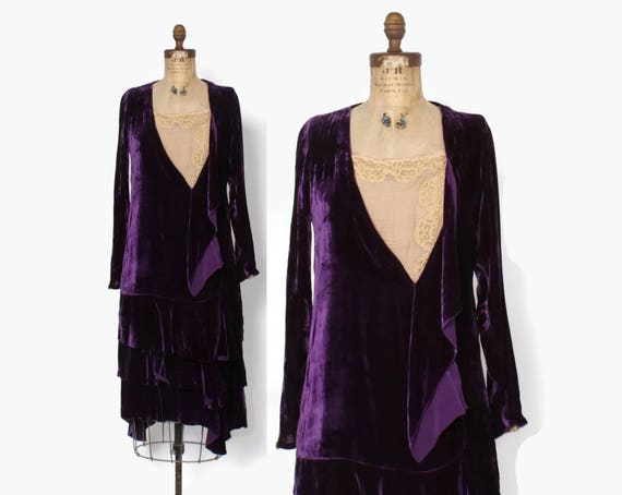 Vintage 20s Velvet Dress / 1920s Purple Velvet & L
