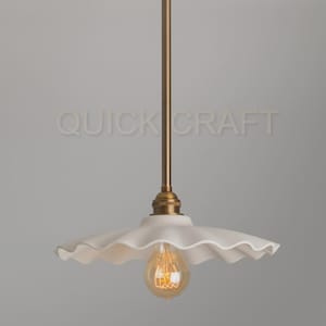 QLP® Ruffle Ceramic Pendant Light – Vintage Brass Rod Ceiling Lamp for Kitchen, Dining, Bedroom | QUICK CRAFT Home Lighting