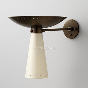 Mid-Century Modern Brass Wall Sconce, Adjustable Cone Light, Handmade Cream Wall Lamp, Vintage Inspired Bedroom or Hallway Lighting