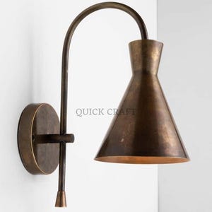Modern Brass Wall Sconce Light – Handmade Cone Shade Lamp with Vintage Patina – Industrial Mid-Century Accent Lighting – Made in India