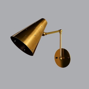 QLP®-Vintage Brass Wall Sconce Light – Mid Century Modern Adjustable Cone Lamp – Perforated Brass Wall Light for Bedroom, Living Room