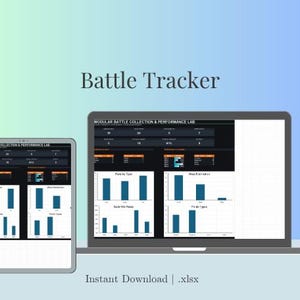 May include: A digital Battle Tracker spreadsheet displayed on a laptop and a tablet screen. The interface features a dark theme with white text, displaying data tables, bar charts, and performance metrics labeled Modular Battle Collection & Performance Lab.