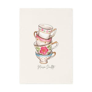 Vintage Tea Cup Organic Cotton Tea Towel, Charming Kitchen Decor, Perfect Gift for Tea Lovers, Housewarming, Bridal Shower, Functional Art