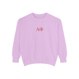 Greek Sorority Alpha Phi Embroidered Sweatshirt, Sorority Rush Week Crewneck, Unisex Garment-Dyed Jumper, College Apparel, Custom Embroidery