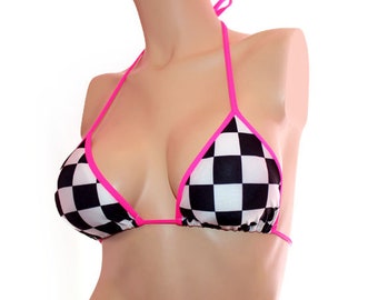 Checkered Bikini Top with Pink Trim