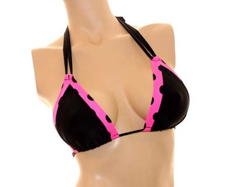 Black with Pink and Black Dot Trim Bikini Top (multiple coverage options)